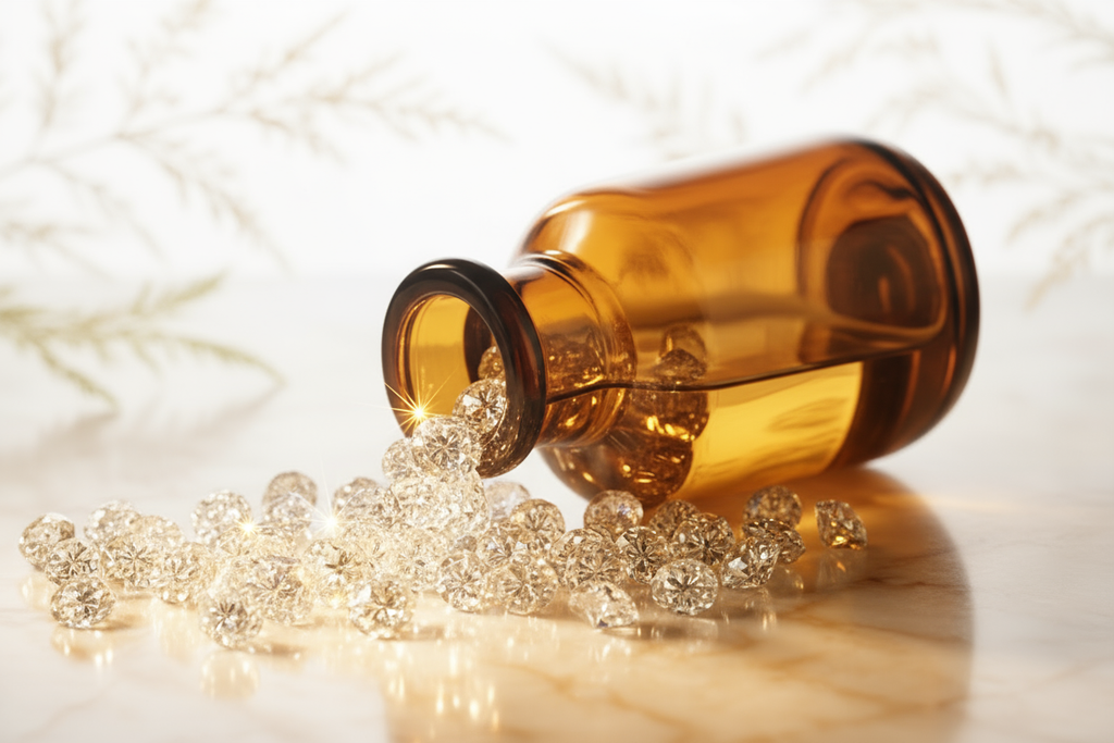 Herbal tincture bottle spilling diamonds - bright background