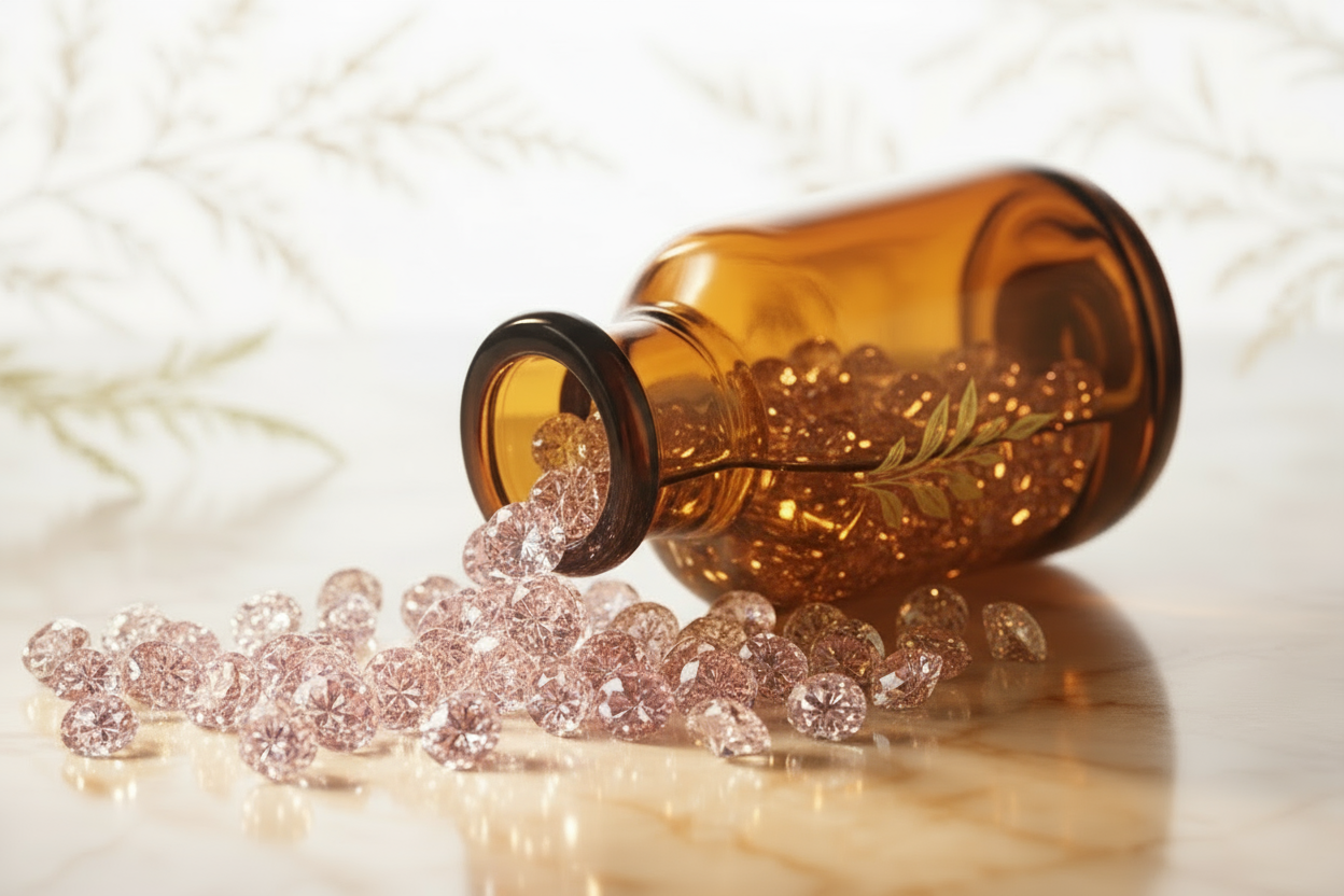Herbal tincture bottle spilling pink diamonds
